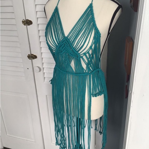 Handmade Teal Fringe Halter Beach Macrame Dress - Picture 9 of 9
